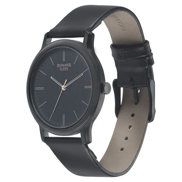 Sonata NP7128NL02 | Sonata Quartz Analog Black Dial Leather Strap Watch for Men