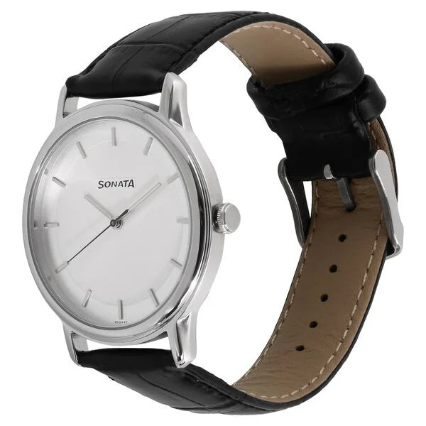 Sonata NN7128SL01 | Sonata Quartz Analog Silver Dial Leather Strap Watch for Men