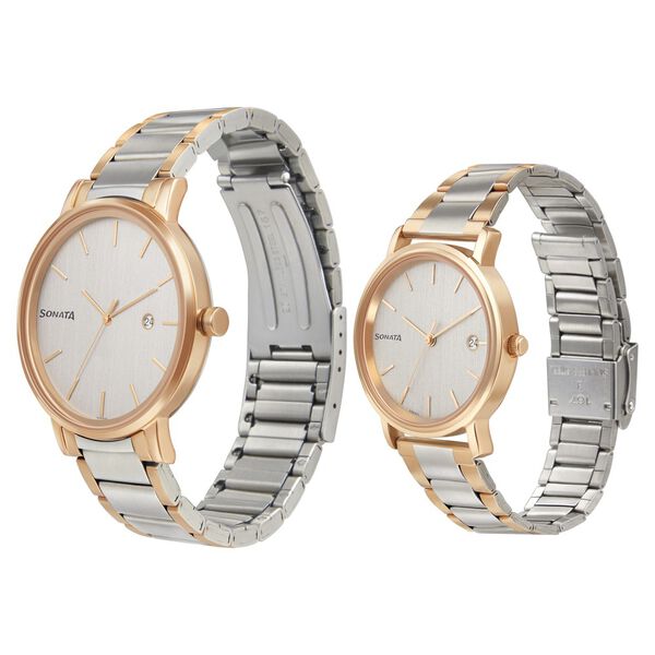 Sonata NP713187029KM01 | Sonata Quartz Analog with Date White Dial Metal Strap Watch for Couple