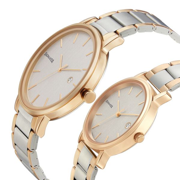 Sonata Pair NP713187029KM01 | Sonata Quartz Analog with Date White Dial Metal Strap Watch for Couple
