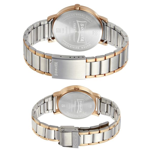 Sonata Pair NP713187029KM01 | Sonata Quartz Analog with Date White Dial Metal Strap Watch for Couple