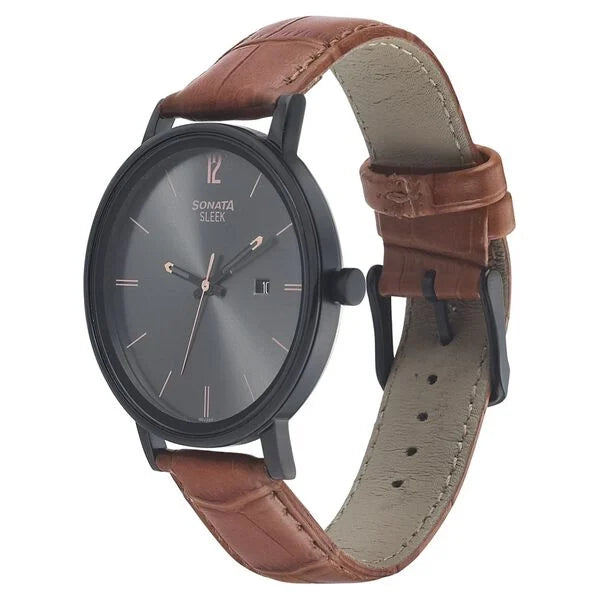 Sonata NP7131NL02 | Sonata Quartz Analog with Date Black Dial Leather Strap Watch for Men