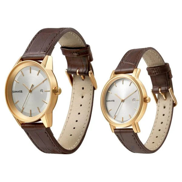 Sonata Pair NP71338164WL01 | Sonata Quartz Analog with Date White Dial Leather Strap Watch for Couple