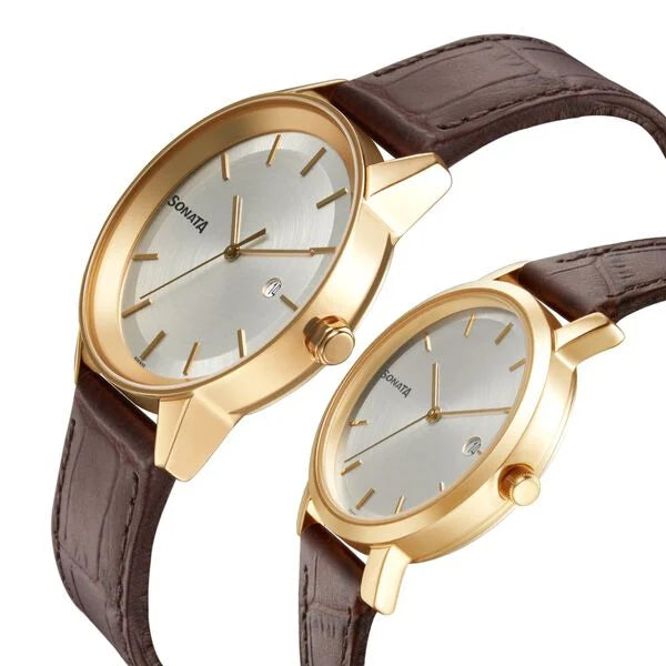 Sonata Pair NP71338164WL01 | Sonata Quartz Analog with Date White Dial Leather Strap Watch for Couple
