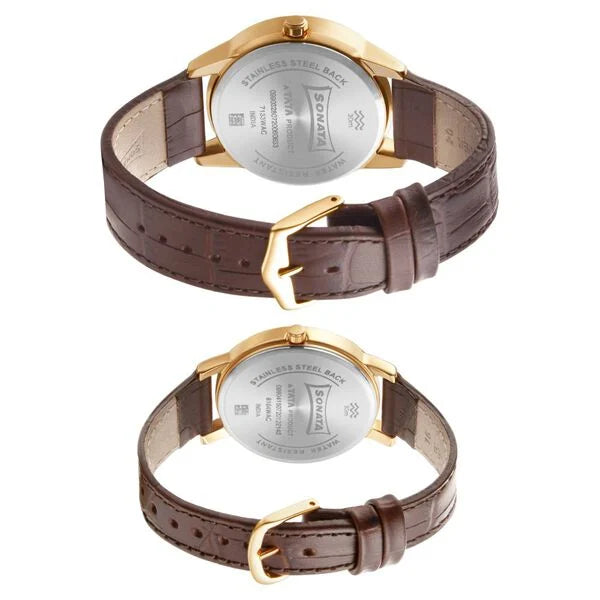 Sonata Pair NP71338164WL01 | Sonata Quartz Analog with Date White Dial Leather Strap Watch for Couple