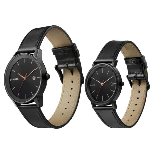 Sonata Pair 713387029NL01 | Sonata Quartz Analog with Date Black Dial Leather Strap Watch for Couple