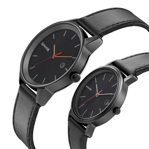 Sonata Pair 713387029NL01 | Sonata Quartz Analog with Date Black Dial Leather Strap Watch for Couple