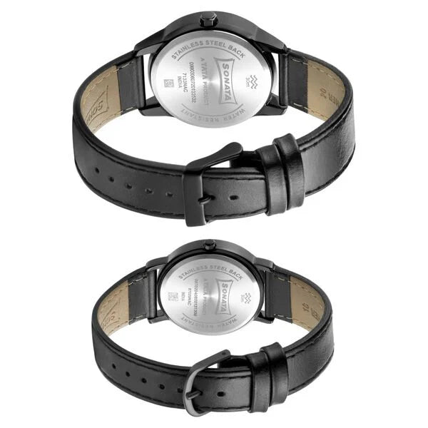 Sonata Pair 713387029NL01 | Sonata Quartz Analog with Date Black Dial Leather Strap Watch for Couple