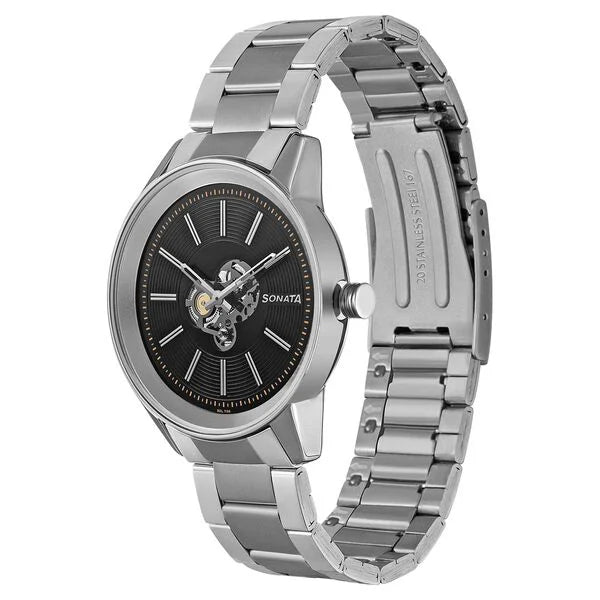Sonata 7133SM01 | Sonata Quartz Multifunction Black Dial Stainless Steel Strap Watch for Men