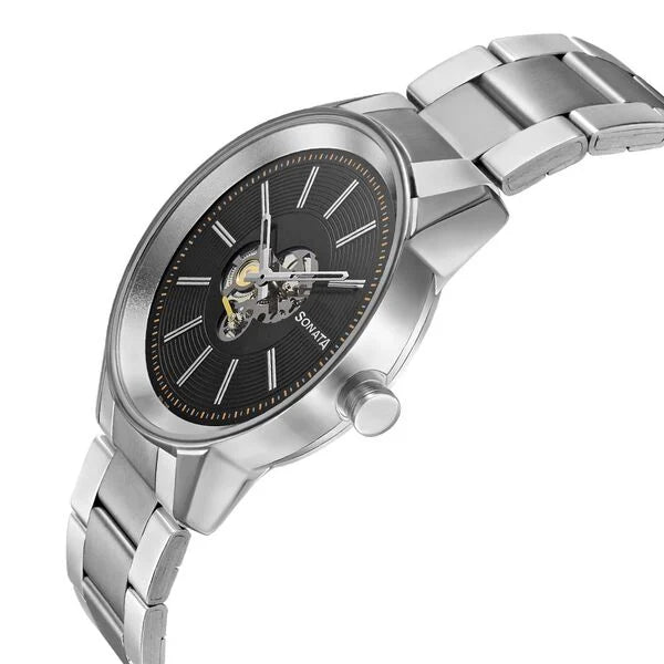Sonata 7133SM01 | Sonata Quartz Multifunction Black Dial Stainless Steel Strap Watch for Men