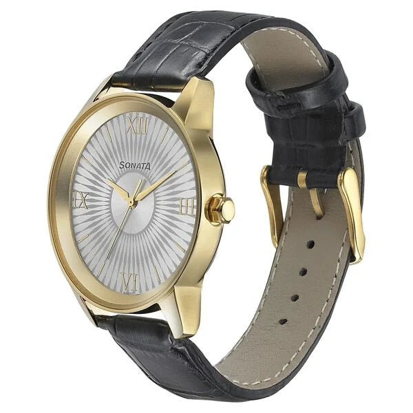 Sonata 7133YL01 | Sonata Quartz Analog Silver Dial Leather Strap Watch for Men