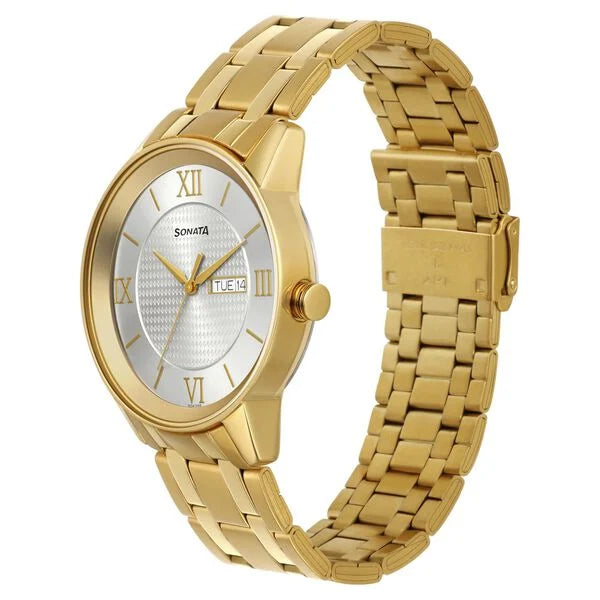 Sonata NS7133YM01 | Sonata Quartz Analog with Day and Date Champagne Dial Stainless Steel Strap Watch for Men