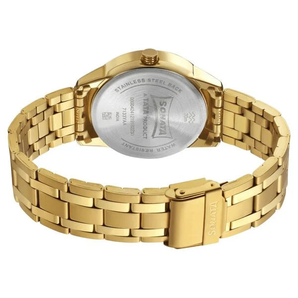 Sonata NS7133YM01 | Sonata Quartz Analog with Day and Date Champagne Dial Stainless Steel Strap Watch for Men