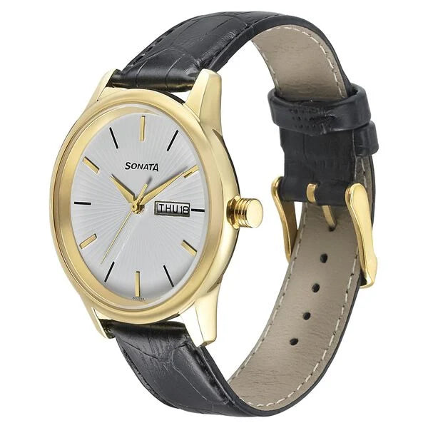 Sonata NP71334YL01 | Sonata Quartz Analog with Day and Date White Dial Leather Strap Watch for Men