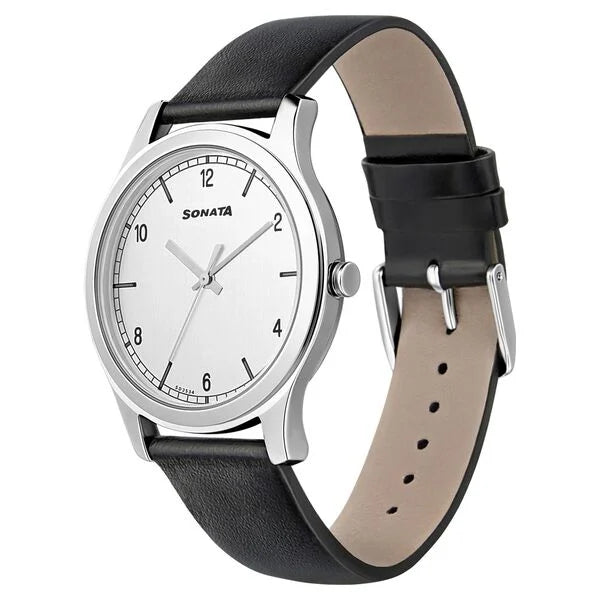 Sonata 7135SL01 | Sonata Quartz Analog Silver Dial Leather Strap Watch for Men