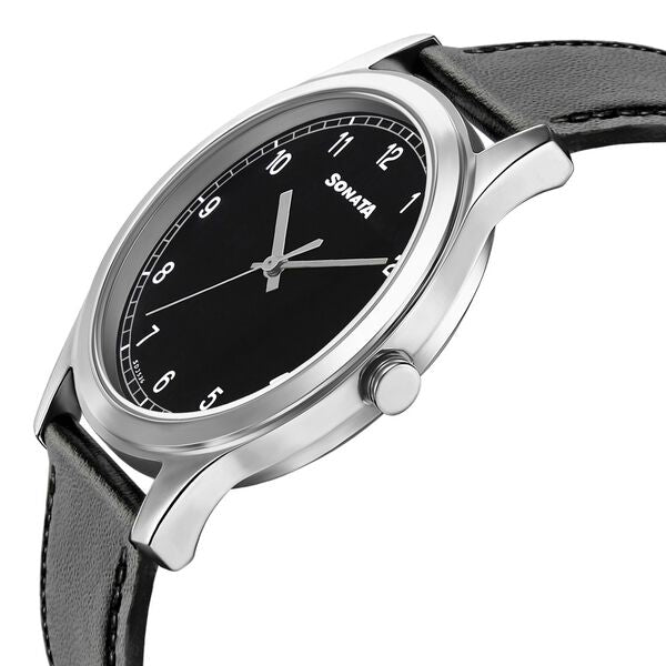 Sonata 7135SL02 | Sonata Quartz Analog Black Dial Leather Strap Watch for Men
