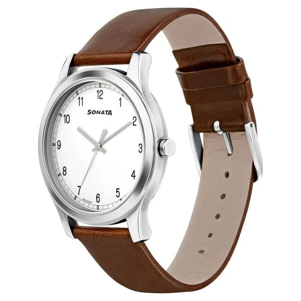 Sonata NS7135SL03 | Sonata Quartz Analog White Dial Leather Strap Watch for Men