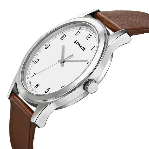 Sonata NS7135SL03 | Sonata Quartz Analog White Dial Leather Strap Watch for Men