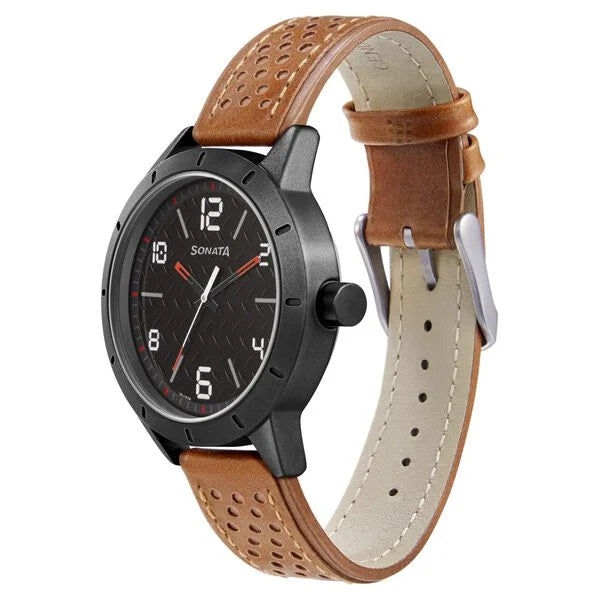 Sonata NP7137AL02 | Sonata Quartz Analog Black Dial Leather Strap Watch for Men