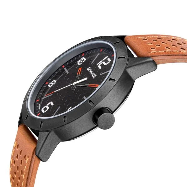 Sonata NP7137AL02 | Sonata Quartz Analog Black Dial Leather Strap Watch for Men