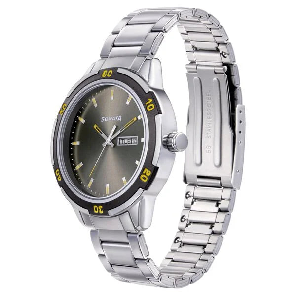 Sonata NP7138KM03 | Sonata Quartz Analog with Day and Date Grey Dial Metal Strap Watch for Men
