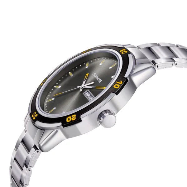 Sonata NP7138KM03 | Sonata Quartz Analog with Day and Date Grey Dial Metal Strap Watch for Men