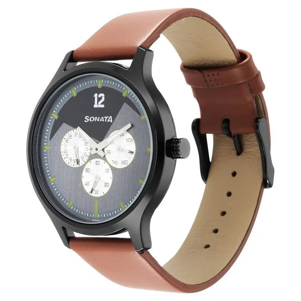 Sonata 7140NL02 | Sonata Force Quartz Multifunction Grey Dial Leather Strap Watch for Men