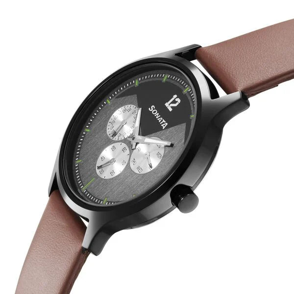 Sonata 7140NL02 | Sonata Force Quartz Multifunction Grey Dial Leather Strap Watch for Men