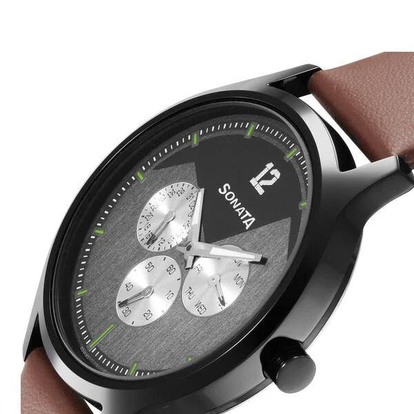 Sonata 7140NL02 | Sonata Force Quartz Multifunction Grey Dial Leather Strap Watch for Men