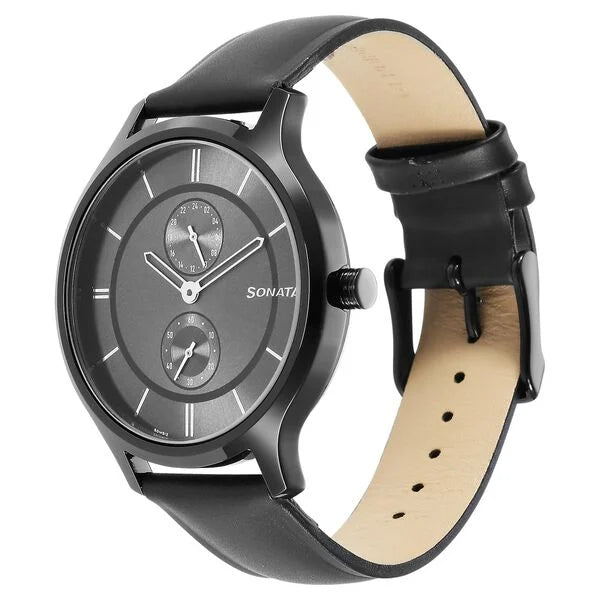 Sonata 7140NL04 | Sonata Quartz Multifunction Grey Dial Leather Strap Watch for Men
