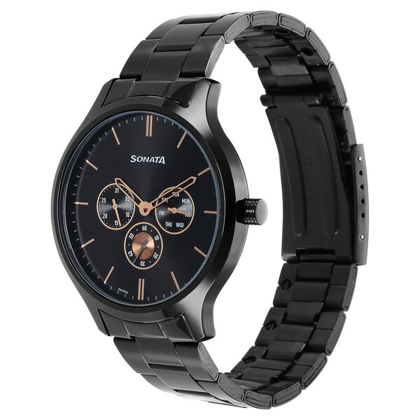 Sonata 7140NM01 | Sonata Quartz Multifunction Black Dial Stainless Steel Strap Watch for Men