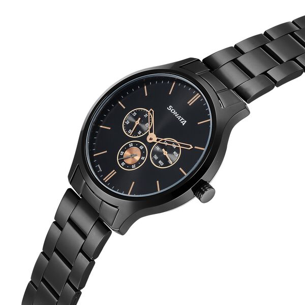 Sonata 7140NM01 | Sonata Quartz Multifunction Black Dial Stainless Steel Strap Watch for Men