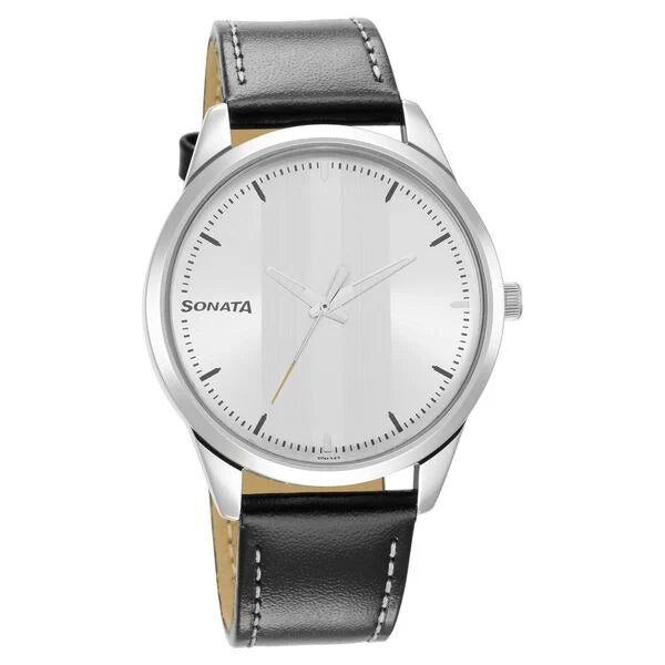 Sonata 7146SL01 | Sonata Force Quartz Analog Silver Dial Leather Strap Watch for Men