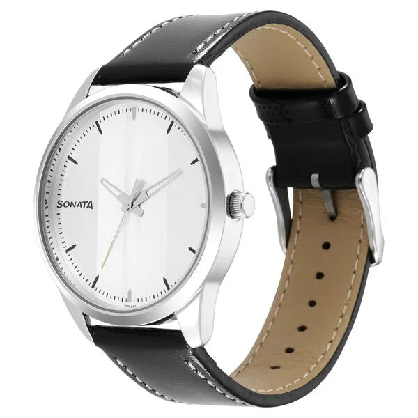 Sonata 7146SL01 | Sonata Force Quartz Analog Silver Dial Leather Strap Watch for Men