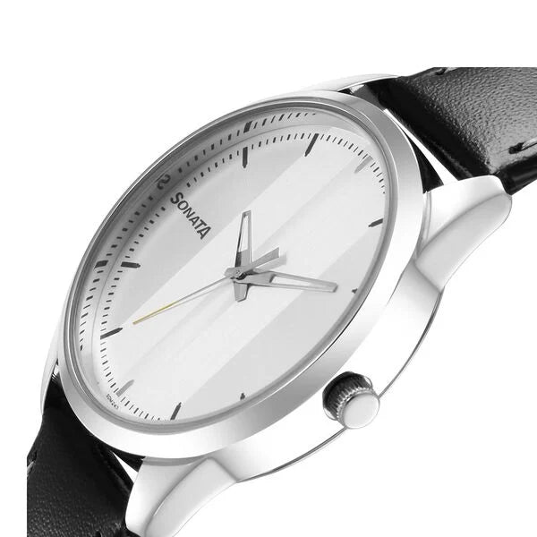 Sonata 7146SL01 | Sonata Force Quartz Analog Silver Dial Leather Strap Watch for Men