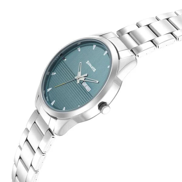 Sonata 7146SM02 | Sonata Force Quartz Analog with Day and Date Blue Dial Stainless Steel Strap Watch for Men