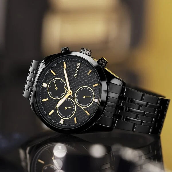 Sonata 7155NM01 | Sonata Magna Quartz Multifunction Black Dial Black Stainless Steel Strap Watch For Men