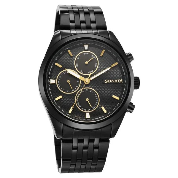 Sonata 7155NM01 | Sonata Magna Quartz Multifunction Black Dial Black Stainless Steel Strap Watch For Men