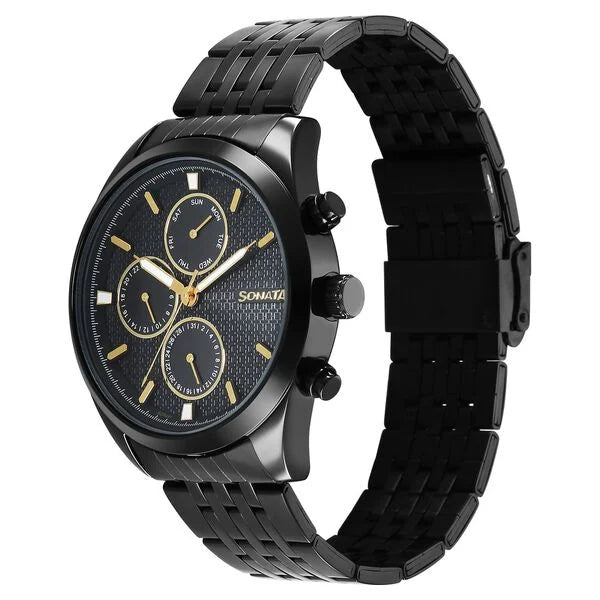 Sonata 7155NM01 | Sonata Magna Quartz Multifunction Black Dial Black Stainless Steel Strap Watch For Men