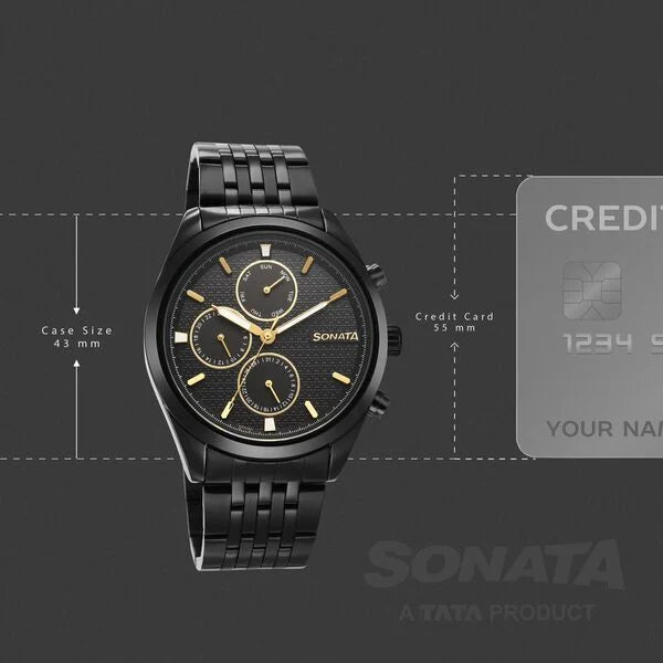 Sonata 7155NM01 | Sonata Magna Quartz Multifunction Black Dial Black Stainless Steel Strap Watch For Men