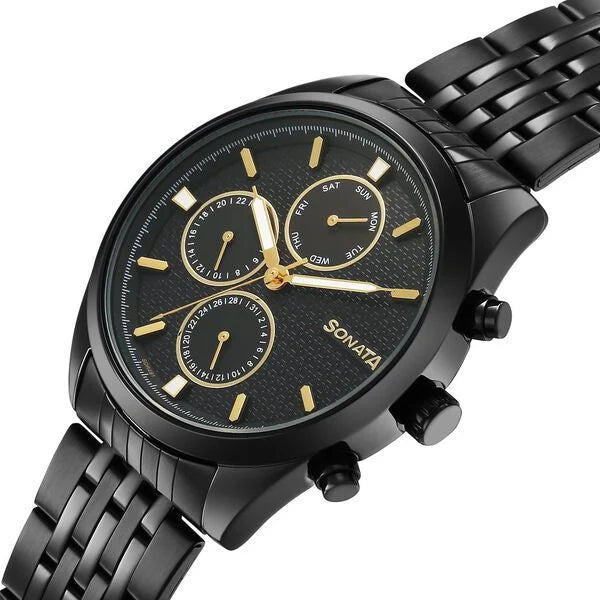 Sonata 7155NM01 | Sonata Magna Quartz Multifunction Black Dial Black Stainless Steel Strap Watch For Men