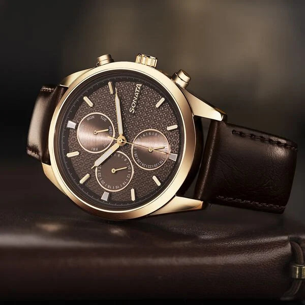 Sonata 7155WL01 | Sonata Magna Quartz Multifunction Brown Dial Rose Gold Leather Strap Watch For Men
