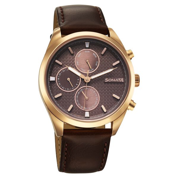 Sonata 7155WL01 | Sonata Magna Quartz Multifunction Brown Dial Rose Gold Leather Strap Watch For Men