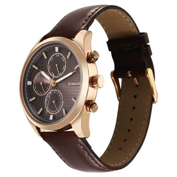 Sonata 7155WL01 | Sonata Magna Quartz Multifunction Brown Dial Rose Gold Leather Strap Watch For Men