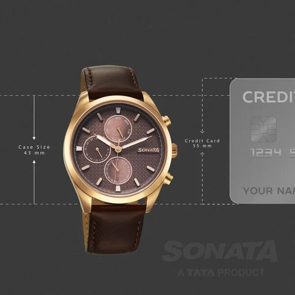 Sonata 7155WL01 | Sonata Magna Quartz Multifunction Brown Dial Rose Gold Leather Strap Watch For Men