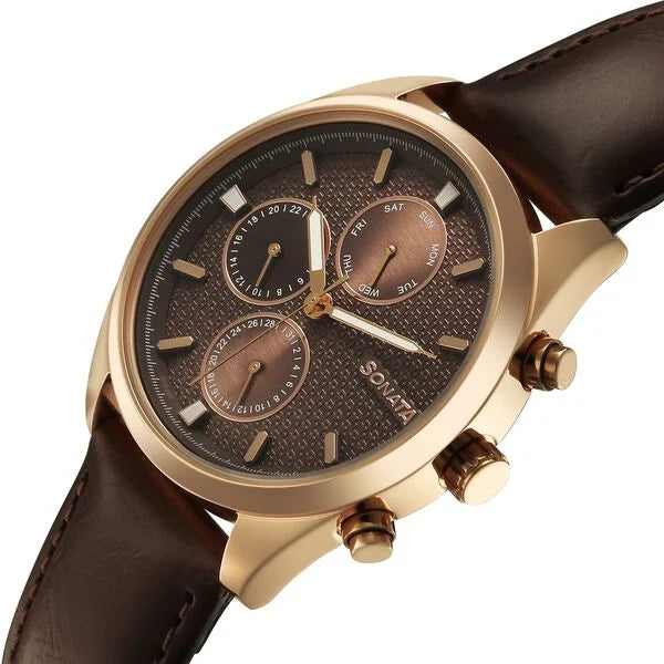 Sonata 7155WL01 | Sonata Magna Quartz Multifunction Brown Dial Rose Gold Leather Strap Watch For Men