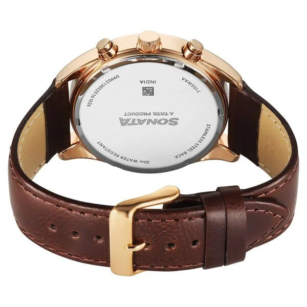 Sonata 7155WL01 | Sonata Magna Quartz Multifunction Brown Dial Rose Gold Leather Strap Watch For Men
