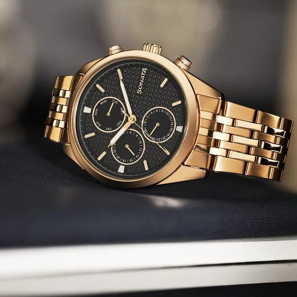Sonata 7155WM01 | Sonata Magna Quartz Multifunction Black Dial Rose Gold Stainless Steel Strap Watch For Men