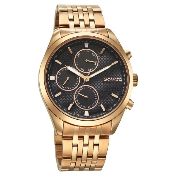 Sonata 7155WM01 | Sonata Magna Quartz Multifunction Black Dial Rose Gold Stainless Steel Strap Watch For Men