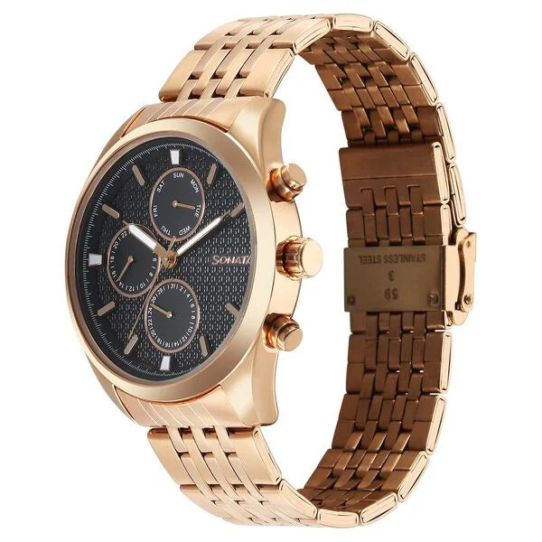 Sonata 7155WM01 | Sonata Magna Quartz Multifunction Black Dial Rose Gold Stainless Steel Strap Watch For Men